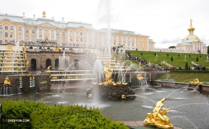 Les jardins du Palais de Peterhof à Saint-Pétersbourg, Russie contiennent plus de 200 statues et 144 fontaines sur plus de 200 hectares de terrain. La grande cascade de fontaines menant aux marches du palais comprend 64 fontaines uniques. 