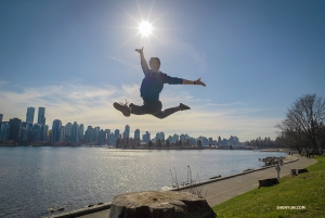 Stage manager Tim Wu leaps in the air at Stanley Park. Yes, previously he was a dancer (not all stage managers can jump like this!). (Photo by Daniel Jiang)
